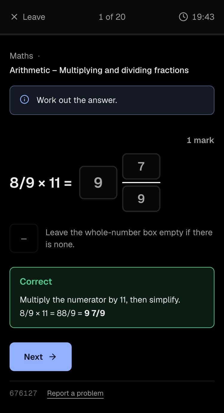 CHATT+ on a phone: a SATs arithmetic question, 8/9 × 11, answered 9 7/9 in the typed boxes and marked correct, with the working shown.